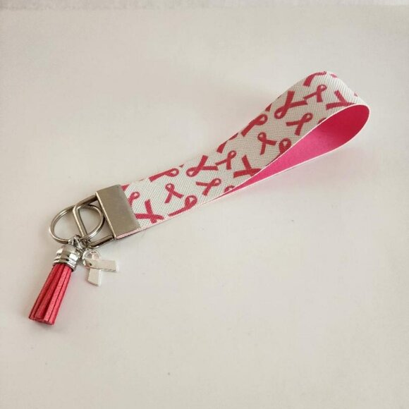 Pink Ribbon Faux Leather Wristlet Keychain - Picture 4 of 6